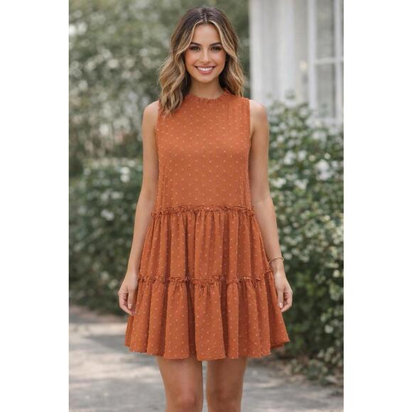 Storia Dresses & Skirts - Storia Babydoll Dress S Sleeveless Mock Neck Tiered Mini Dress Swiss Dot Orange